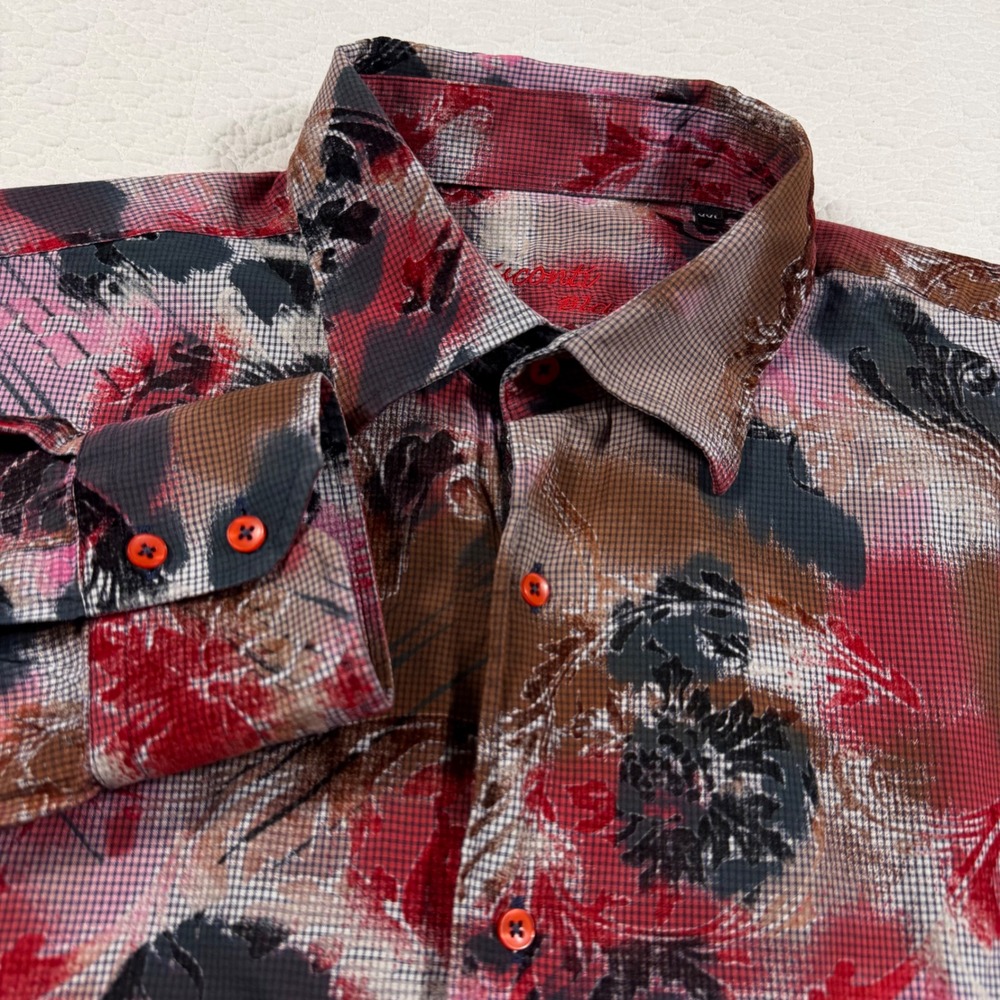 Visconti Black Mens XXL Abstract Floral Micro-Check Cotton Button Down Shirt Red